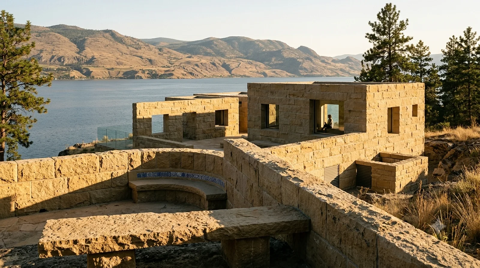 Can Lis — Utzon, 1972: rough sandstone pavilions and unframed window openings on an Upper Mission bluff.