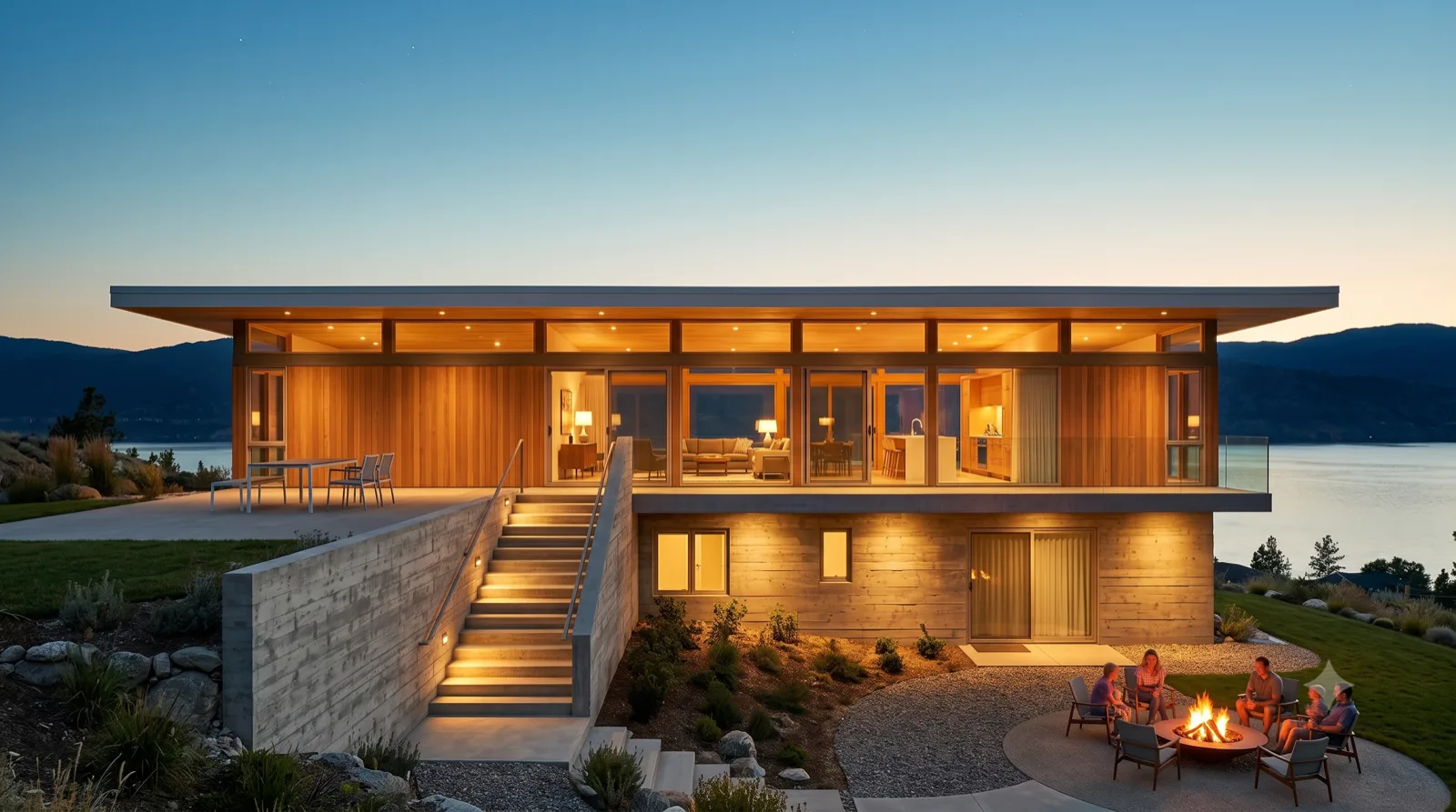 The Kettle Valley Bench — rear walk-out elevation at last light — firepit gathering, lake below