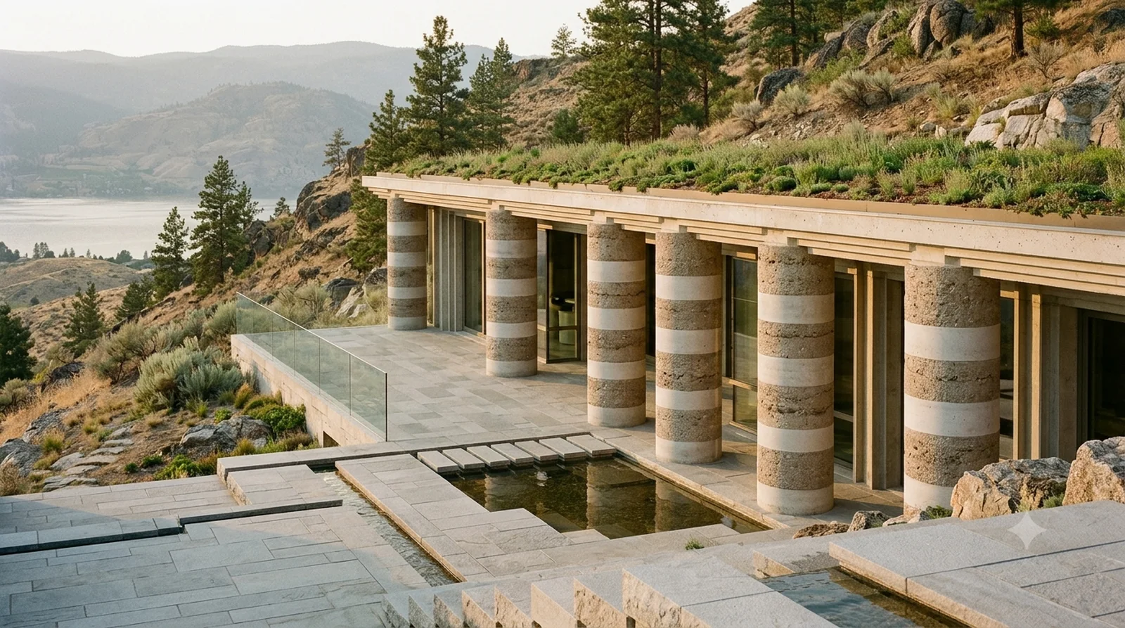Villa Ottolenghi — Scarpa, 1978: nine banded stone columns under a green roof, pressed into the Wilden hillside.