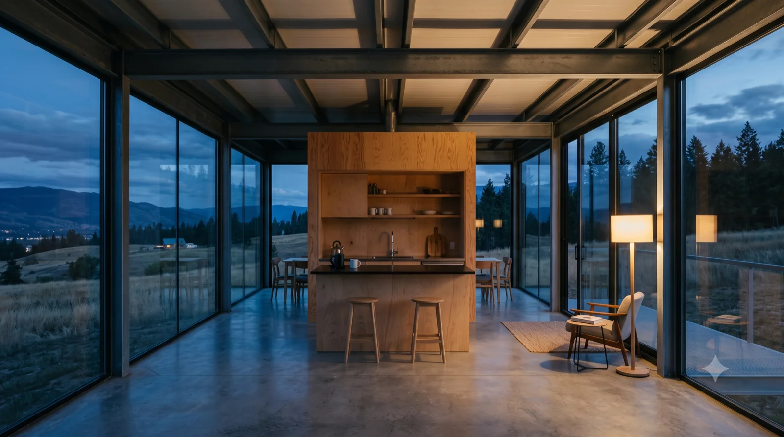 The breezeway room, A steel-framed pavilion open to the valley on every side, a lounge chair, the mountains going blue at dusk.
