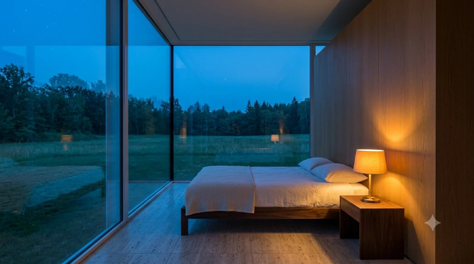 Sleeping area — The zone behind the core: a low platform bed, a warm lamp, the glass wrapping the corner to the dusk.