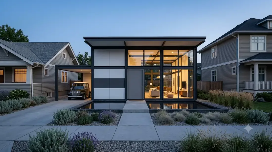 Eames House, Narrow-Lot — De Stijl color-panel steel grid, double-height glass bay