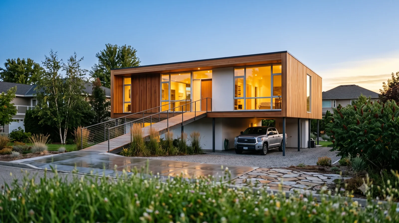 The Seidler — Harry Seidler's Rose Seidler House as a warm Kelowna build, a cedar box lifted a full storey on pilotis with a long open ramp to the door and the truck parked in the undercroft