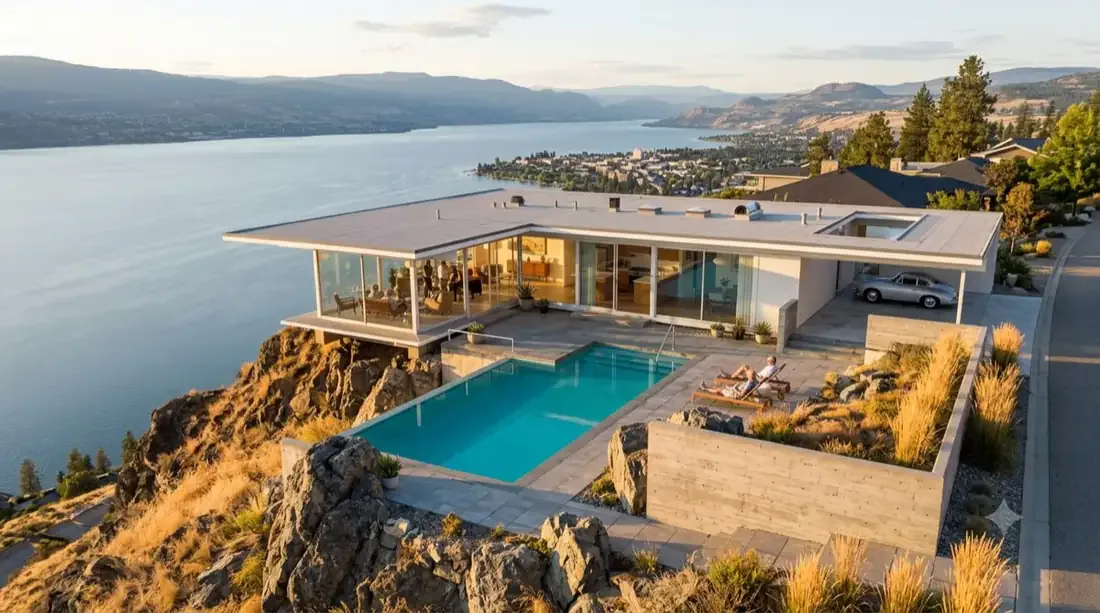 Stahl House — aerial — the L wrapping the pool, carport uphill, glass wing over the drop