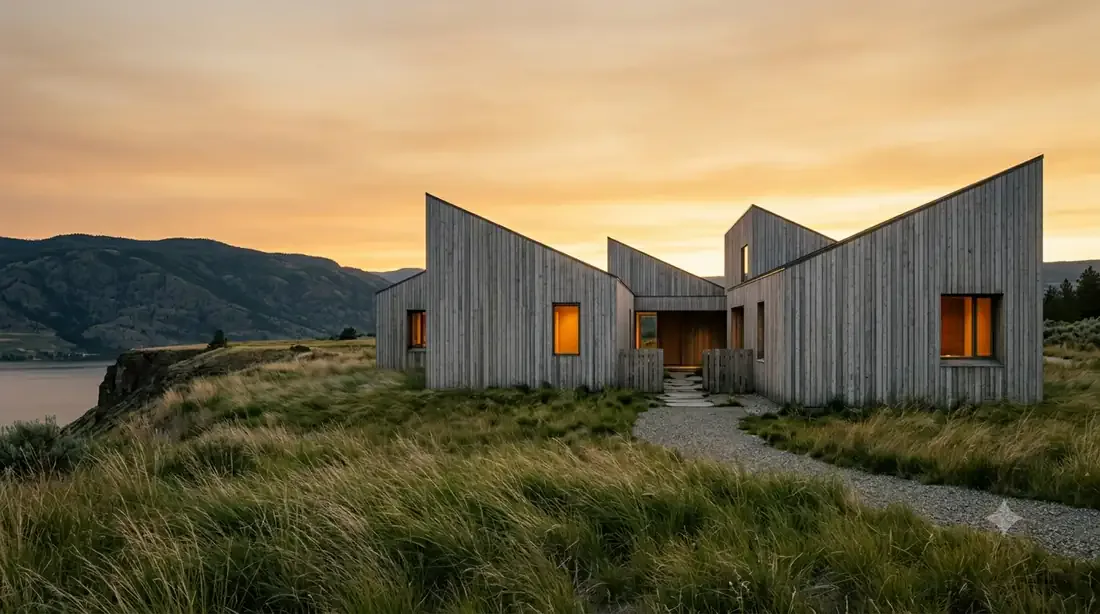 The Kelowna Sea Ranch — shed roofs at dusk — silvered cedar against a prairie-gold sky, bluff meadow