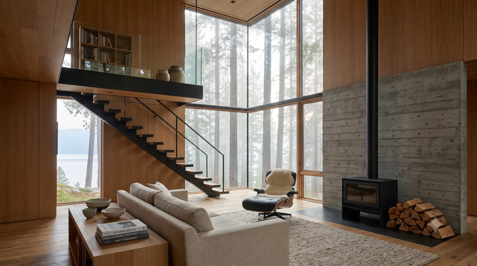The Knox Mountain Perch — Great room — glass corner to misty pines, wood stove, reading loft