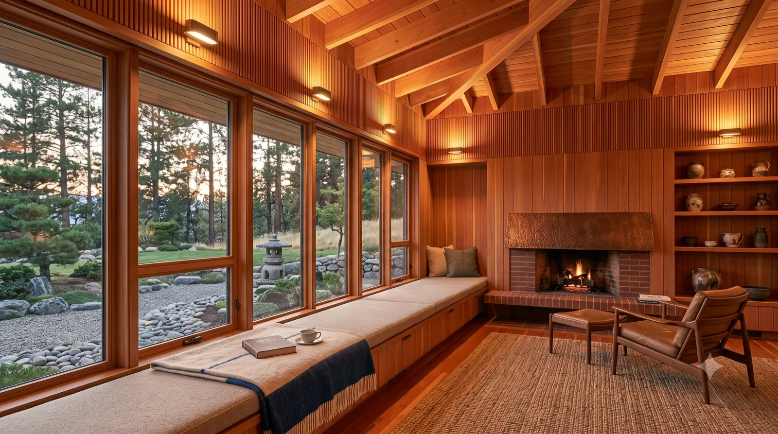 The Glenmore Redwood Bungalow — all-redwood living room glowing honey, window seat to a zen garden