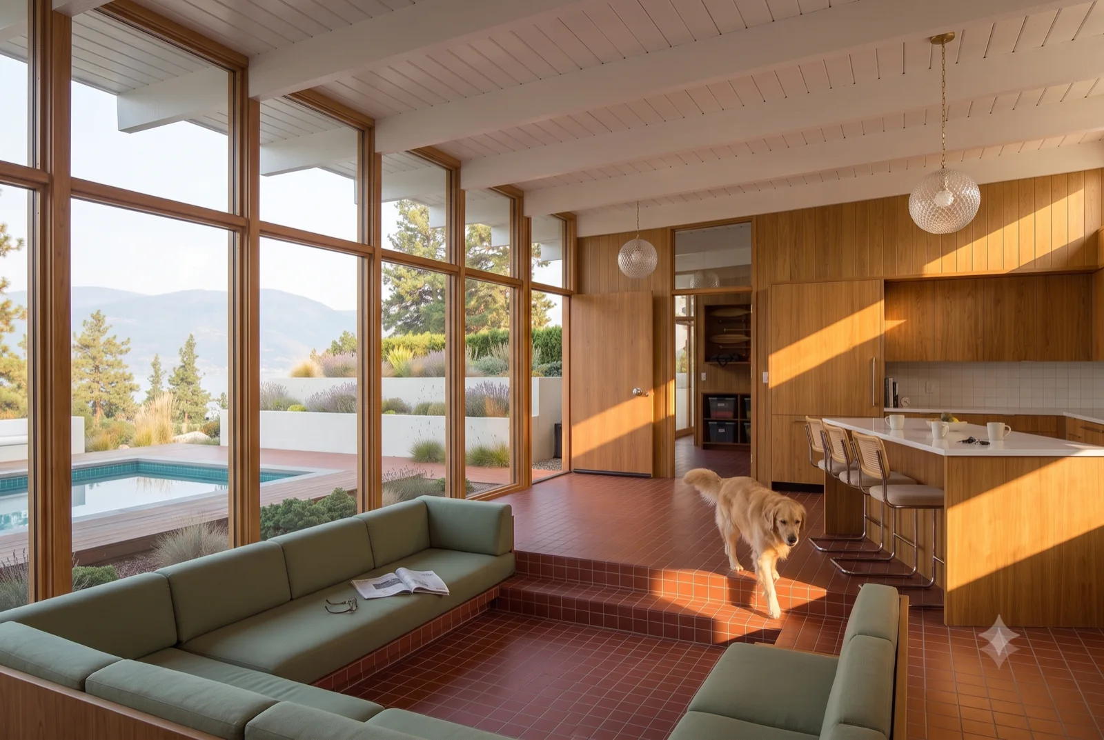 The green sectional, A long low sofa on terracotta, glass to the yard, the cat claiming the warm end.