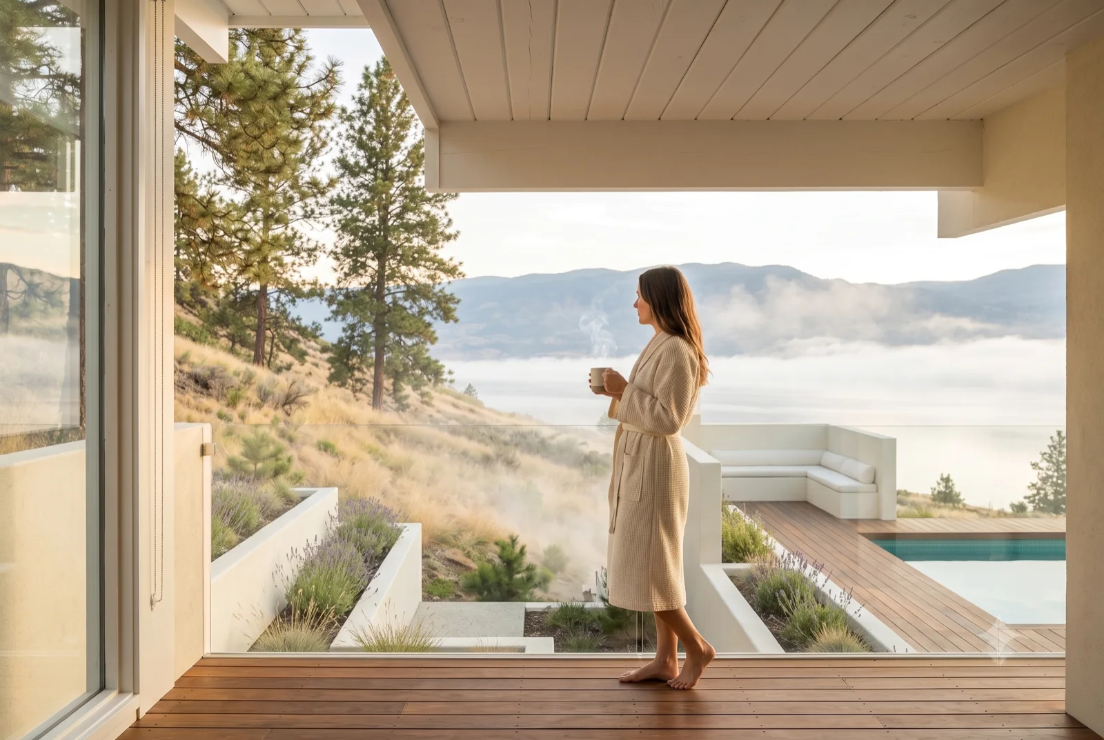 Morning on the terrace, Coffee at the rail as the valley fog burns off below, the house floating over the inversion.