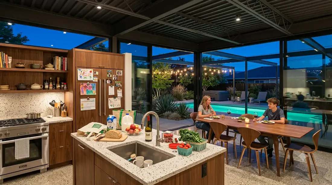 Ellwood Courtyard House — Open-plan kitchen & dining onto the pool courtyard