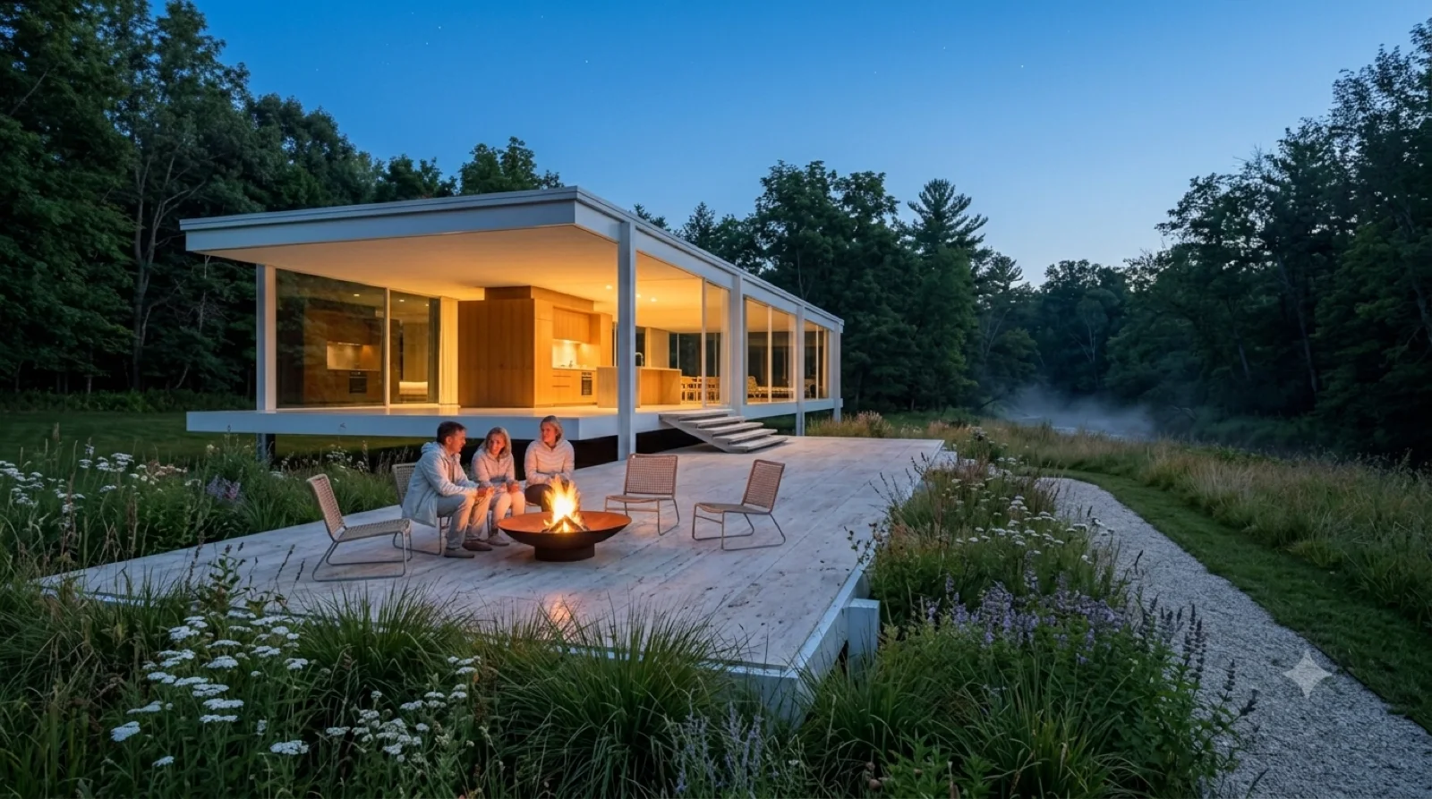 Landscaping and the fire — The terrace with a steel fire bowl, people gathered, native bunchgrass, a gravel path into the meadow.