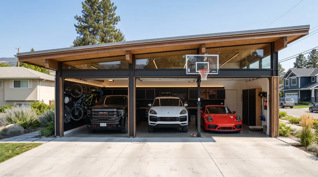 The Glenmore Butterfly — 3-car garage — Sierra AT4X, Cayenne, 911, basketball hoop, street context