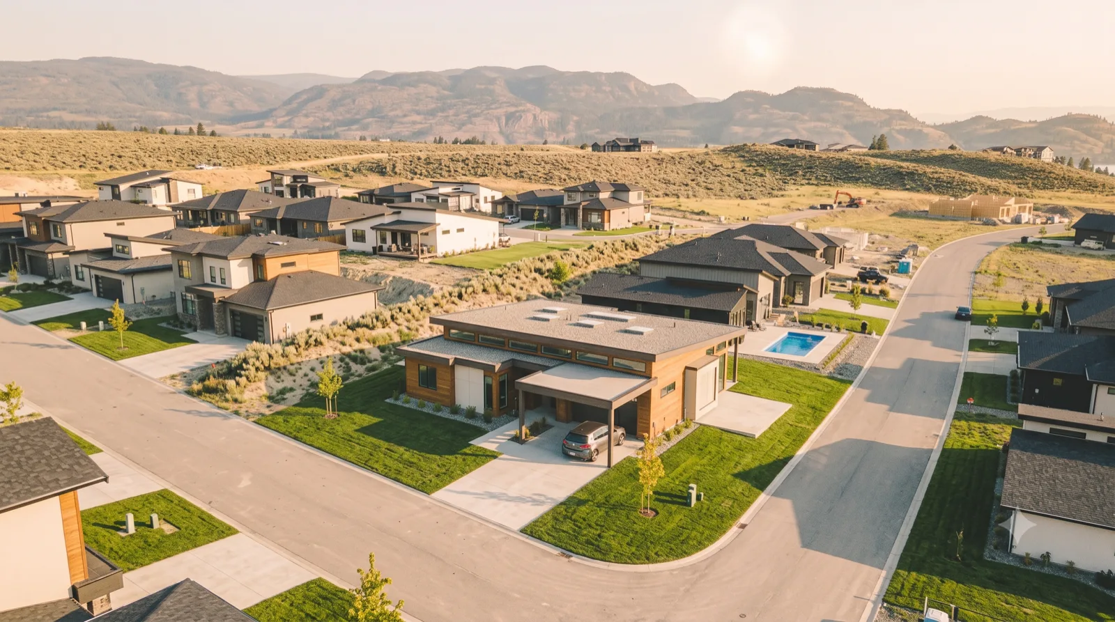 The University District — an efficient two-storey starter box in cedar and charcoal, plunge pool, framed for an accessory suite as the budget allows