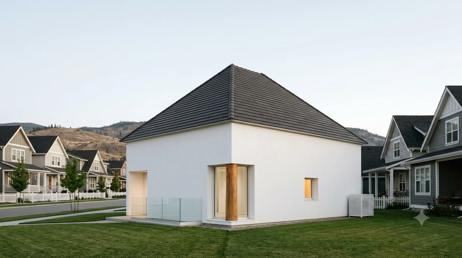 House in White — Shinohara, 1966: one pure white pyramid holding a single room, on a Kettle Valley street.