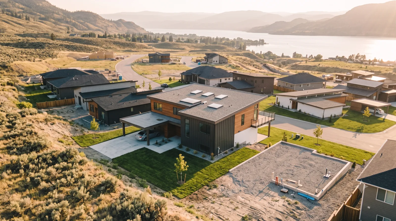 The Black Mountain — a new two-storey MCM stepping down the hillside, a deck over the valley and a flat pad framed for a future garage wing