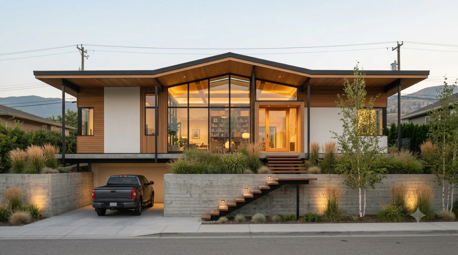The Eichler, Elevated — An Eichler-spirit post-and-beam home raised above the street with a glowing glazed entry atrium at the top of a floating stair, carport tucked below