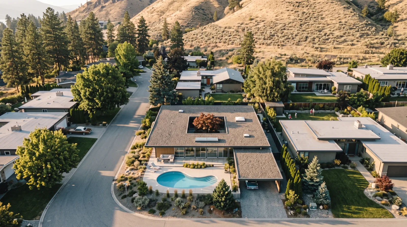 The Glenmore Eichler — an Eichler-style gravel roof opening to a central atrium courtyard and Japanese maple, a kidney pool in the back, Dilworth behind