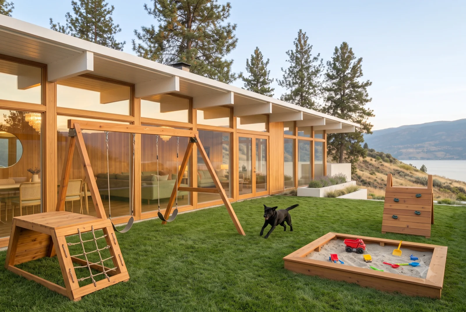 The yard after dark, String lights over the play set and lawn, the dog out for one more lap, windows warm behind.