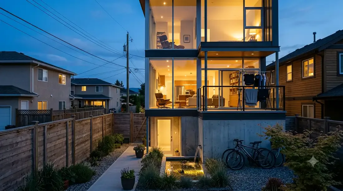 Neutra VDL, Narrow-Lot — rear/side elevation at dusk, stacked massing lit from inside