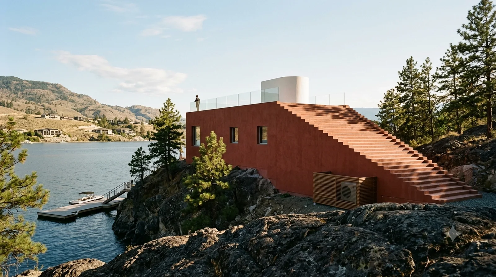 Casa Malaparte — Libera, 1937: the red block and its great stair, on a rock point above Okanagan Lake.