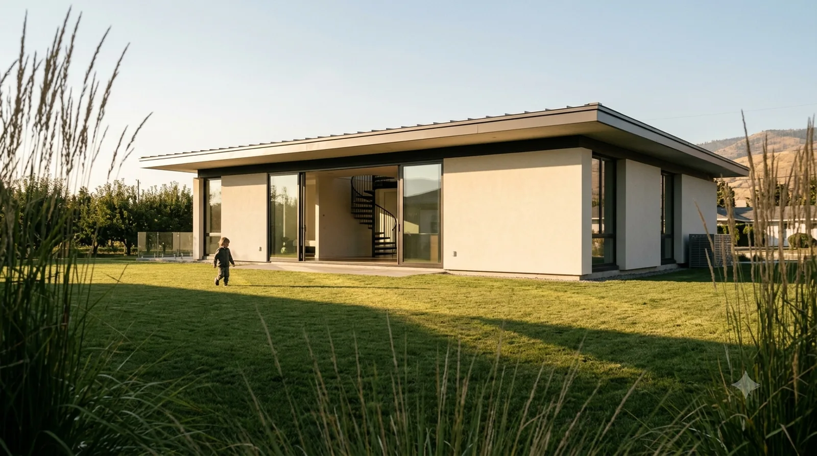 Case Study House #9 (Entenza) — Eames and Saarinen, 1949: the quiet steel box, late raking light across a Glenmore lawn.