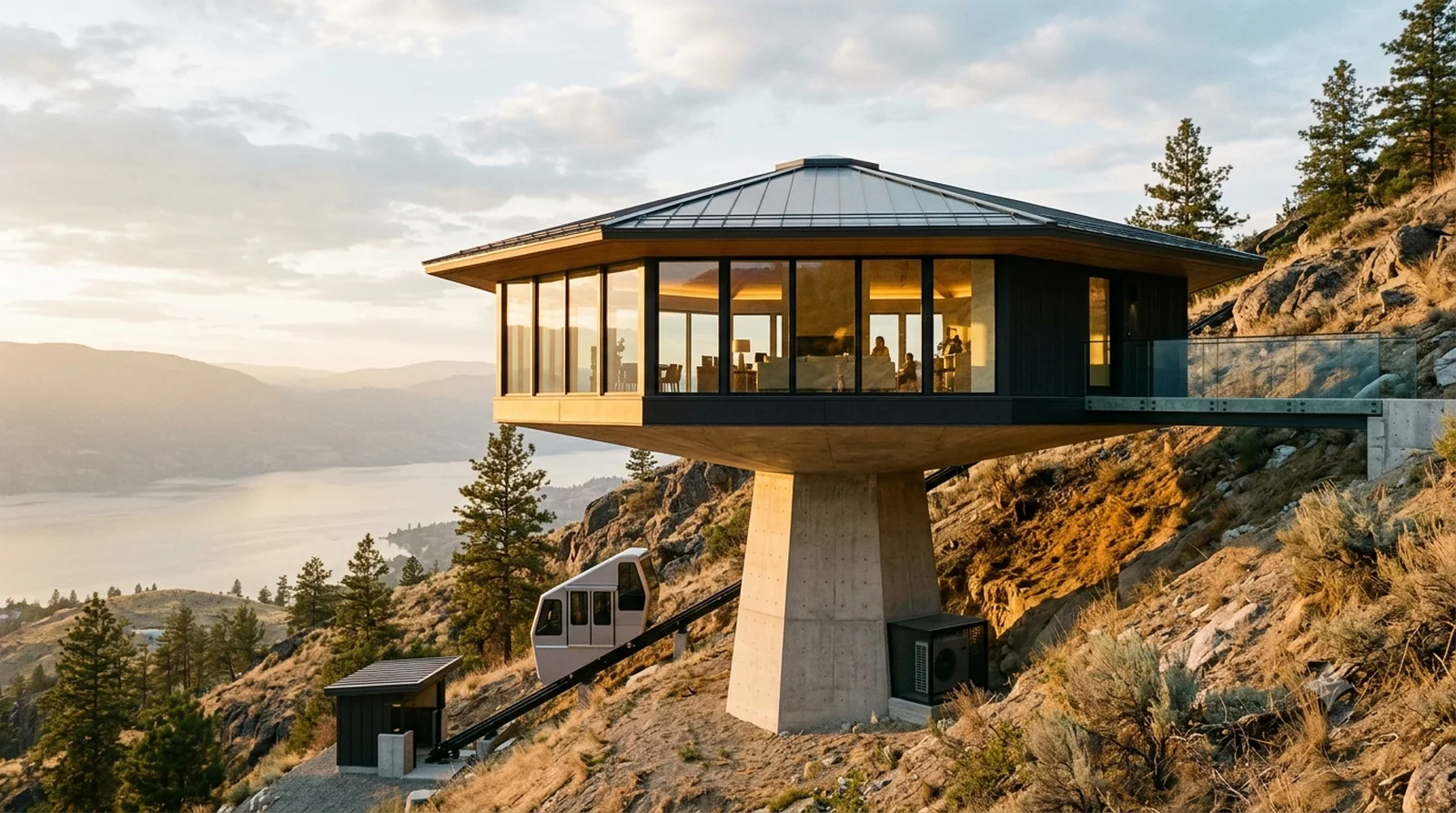 Chemosphere — Lautner's 1960 octagon on a single pedestal, with the funicular, on a steep Wilden hillside.