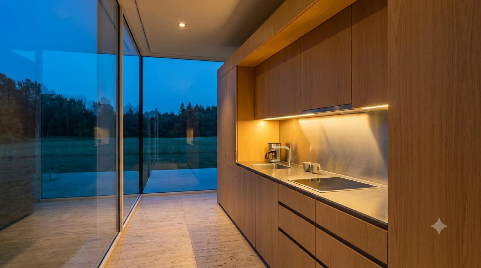 Kitchen, in the core — The compact galley in the wood core, glass and dusk meadow beyond the end of the run.