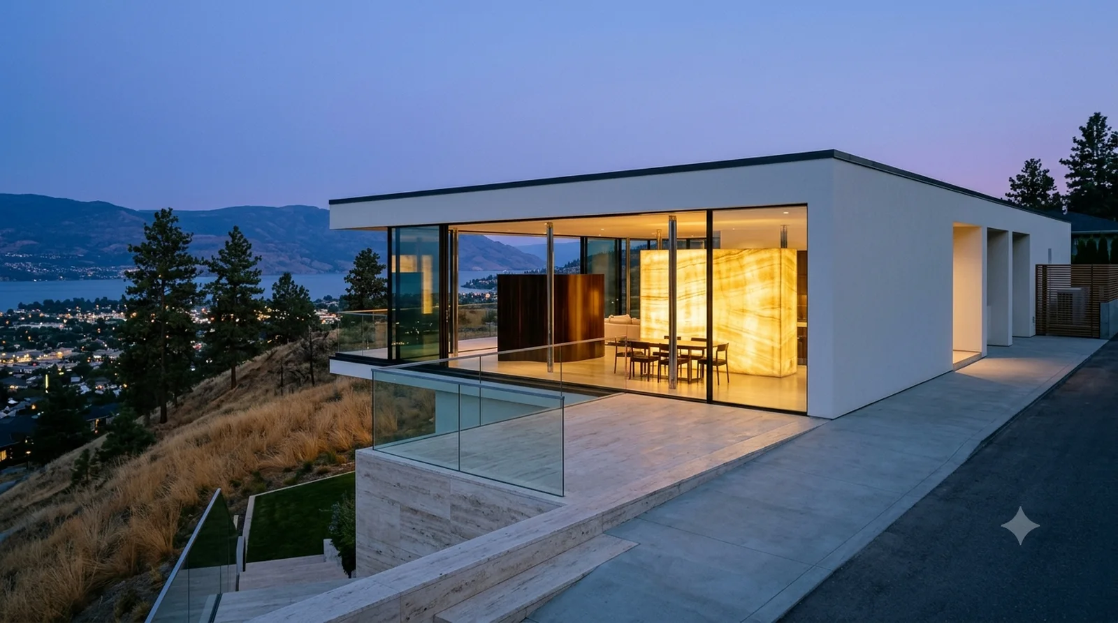 Villa Tugendhat — Mies, 1930: the onyx wall lit at dusk behind a retracting glass wall, above the Kelowna bench.