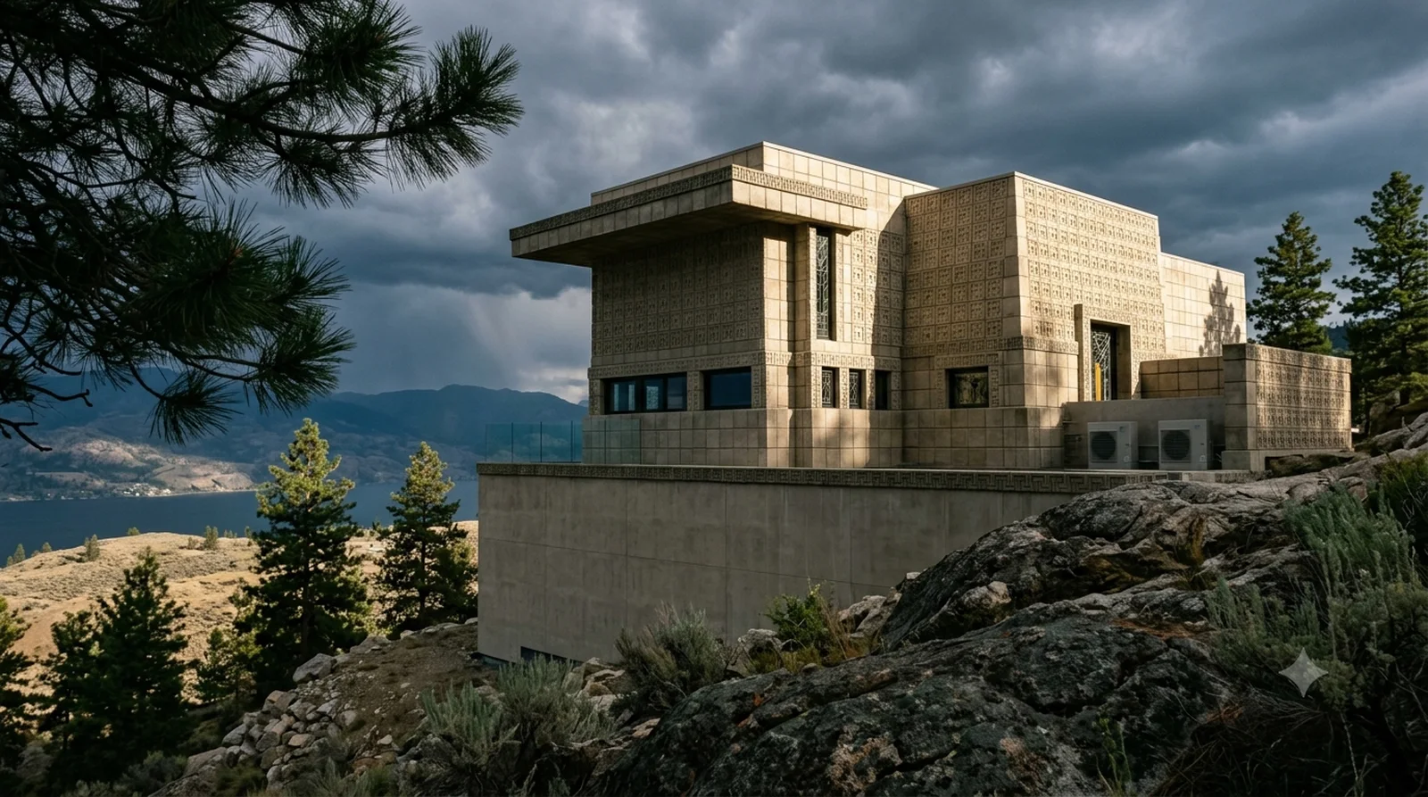 Ennis House — Wright's 1924 textile block temple on a Wilden outcrop, storm light breaking across the face.