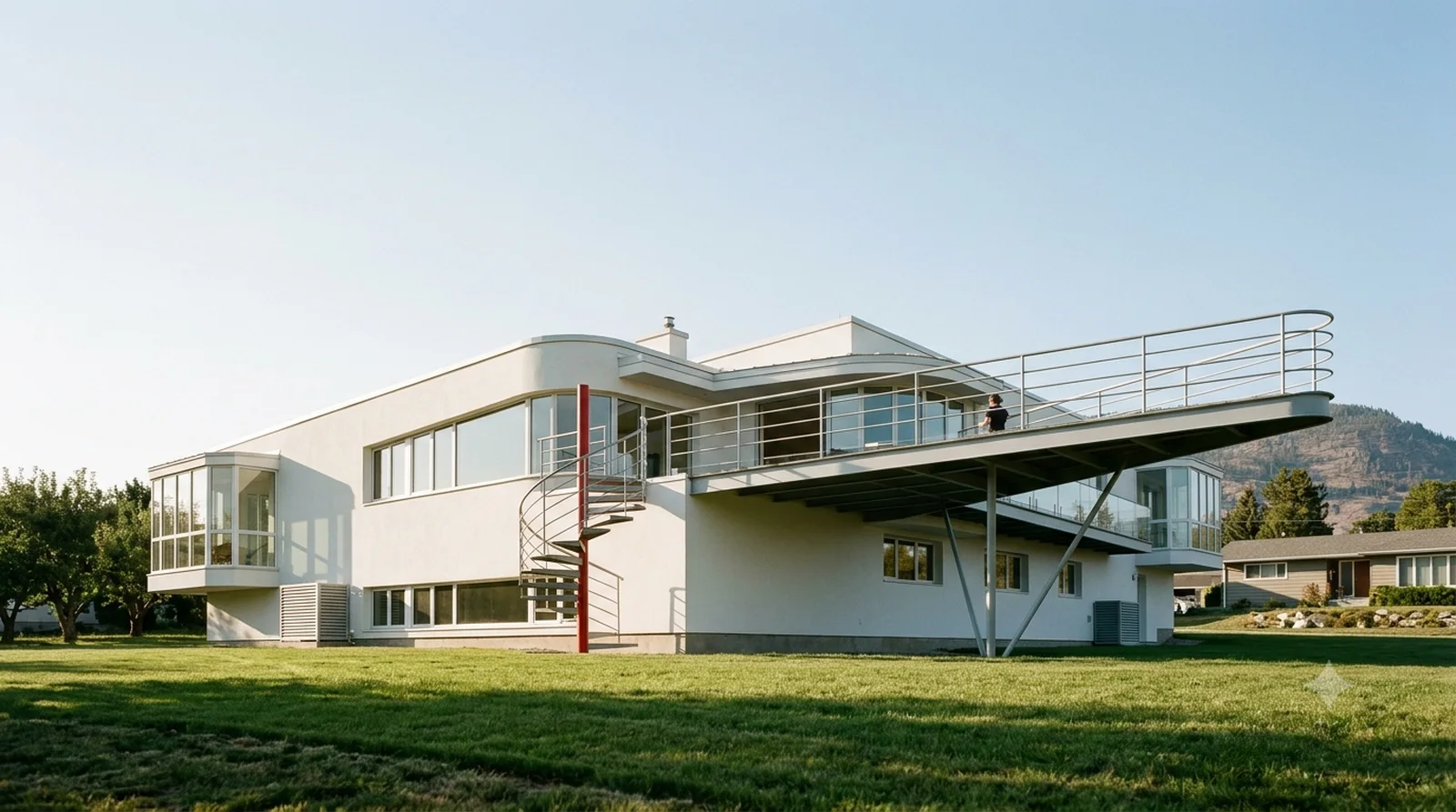 Schminke House — Scharoun, 1933: the nautical white house with its skewed steel sun deck, on a Glenmore lot.