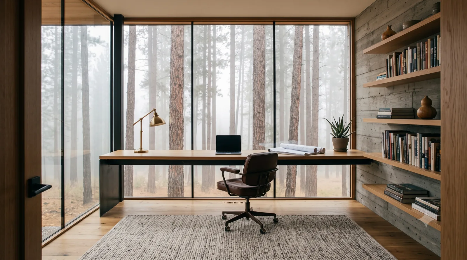 The Knox Mountain Perch — Studio / office — oak desk under the forest glass, brass lamp, concrete shelves
