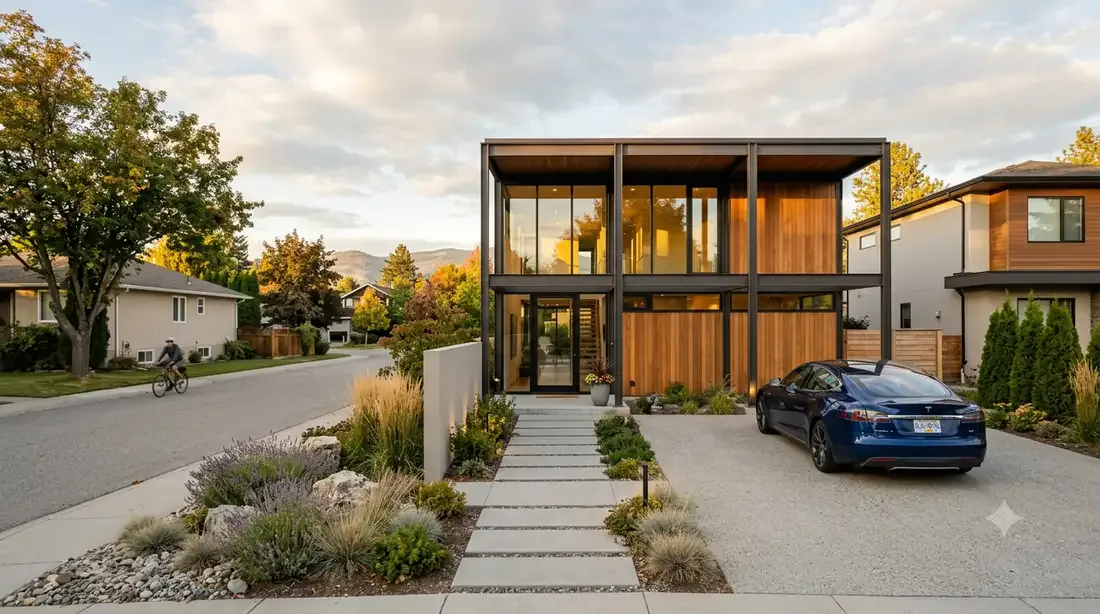 Case Study House #16 — front street view at golden hour, real Okanagan streetscape