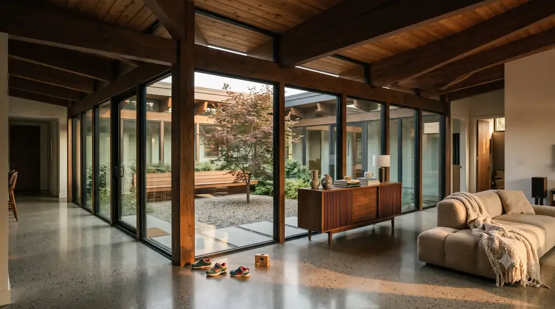 The Kelowna Eichler — Living area looking out to the atrium courtyard