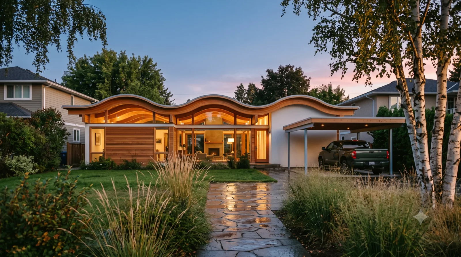 The Wave House — Walter S. White's lesser-known Miles Bates Wave House reimagined in the Okanagan — a signature undulating sine-wave roof of curved glue-laminated timber rippling over the whole home, warm cedar and full-height glass, a cozy hearth, built warm with a floating carport