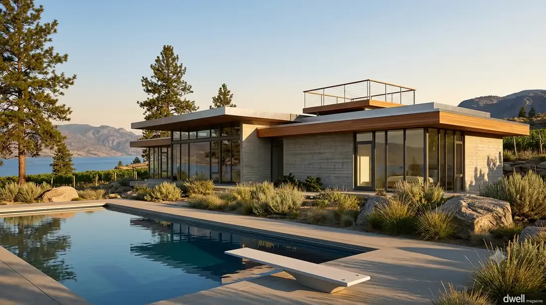 Kaufmann Desert House — long low concrete-and-cedar wing, rooftop gloriette deck, desert planting
