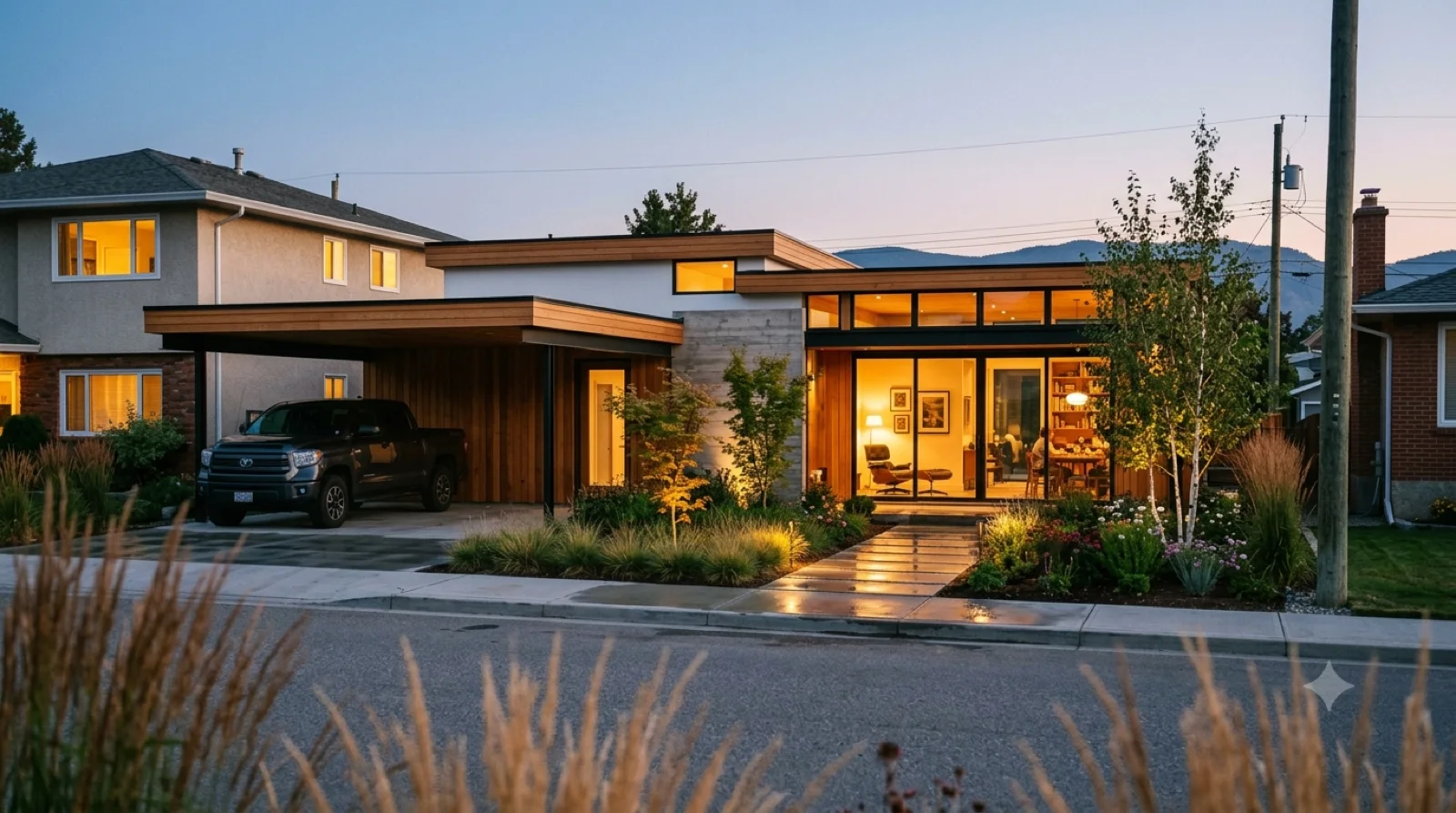 The Schindler — a Schindler-lineage home of interlocking volumes, board-formed concrete married to warm redwood, clerestory slot windows and an L-plan wrapping a firepit courtyard, a floating carport and a slab pad flagged as the expandable wing — raw materials, warm rooms, not a cold glass box