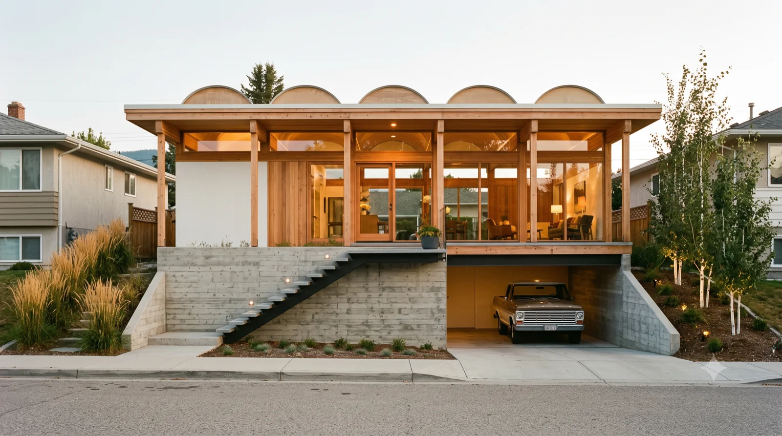 Case Study #20, Elevated — The Bass House / Case Study House #20 as a modest build raised above the street, a row of curved plywood barrel-vault domes, warm and attainable, carport below