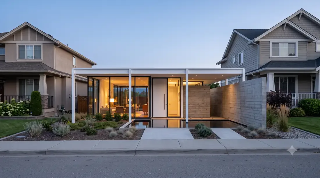 Case Study House #16 — white steel corner glass, entry reflecting pool, board-formed concrete wall