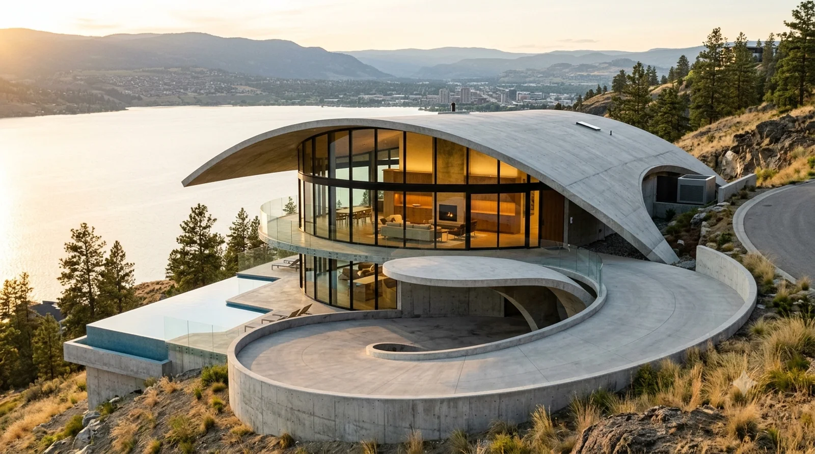 Silvertop — Lautner's 1963 sweeping concrete shell and cantilevered drive, on a University Heights bench.