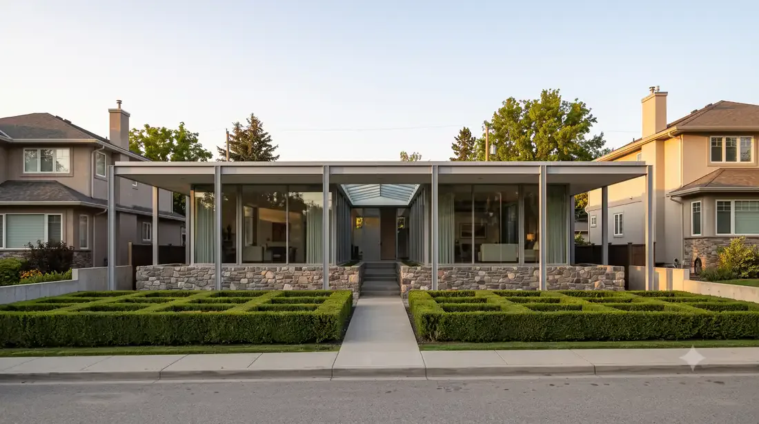 Miller House — fieldstone base, steel-column grid, formal clipped-hedge garden