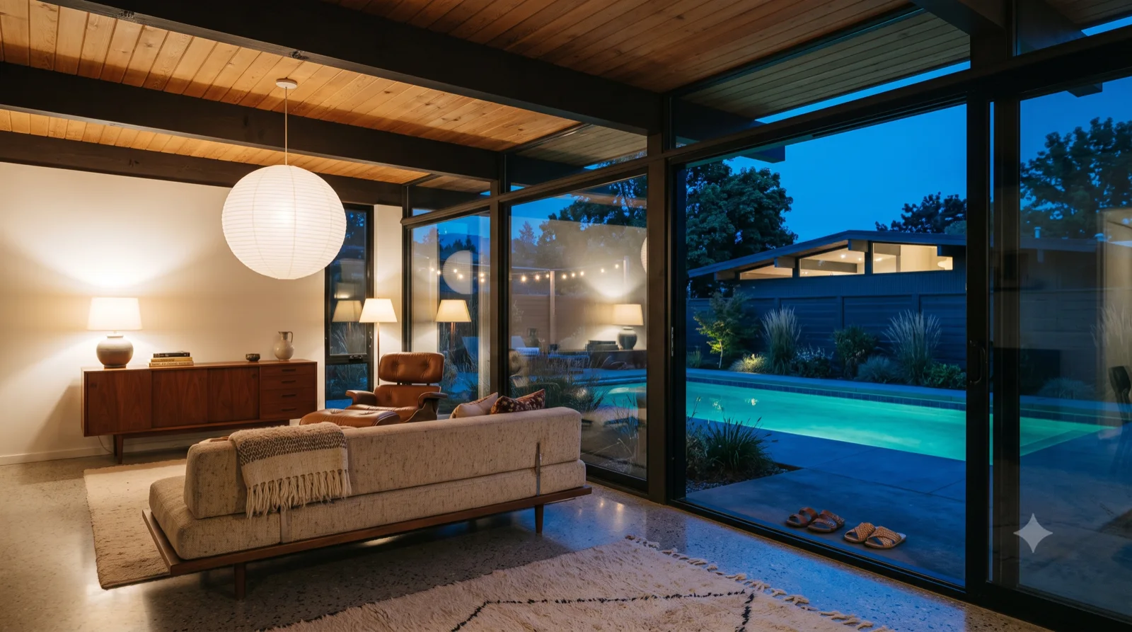 Living room — Low sofa and Eames lounge under the paper lantern, walnut credenza, sliding glass open to the dusk pool.