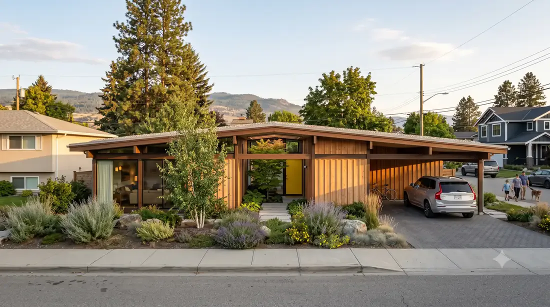 The Kelowna Eichler — street view — classic post-and-beam tract home, glazed atrium entry