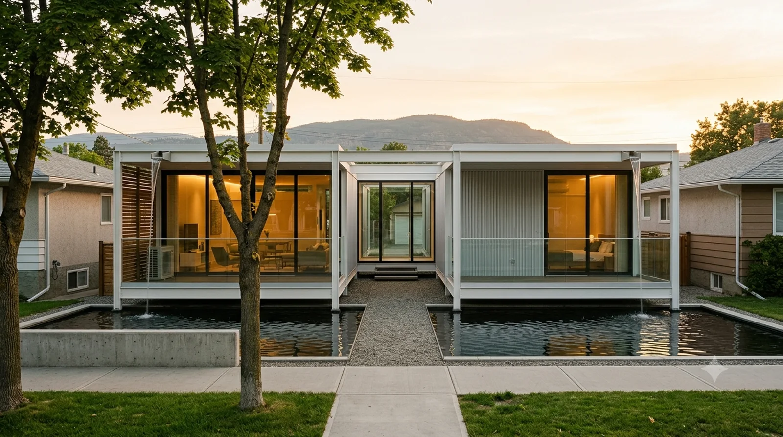 Case Study House #21 Downtown — Koenig's Bailey House, 1958, floating in its reflecting pools on a 40 foot downtown infill lot.