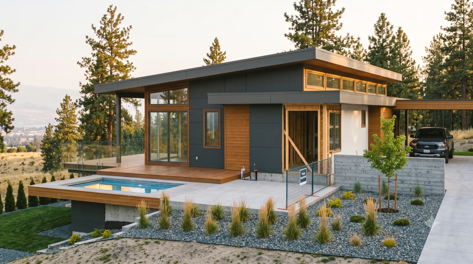 The Crawford — charcoal panel and cedar at the forest's edge, an open framed bay waiting for the next room