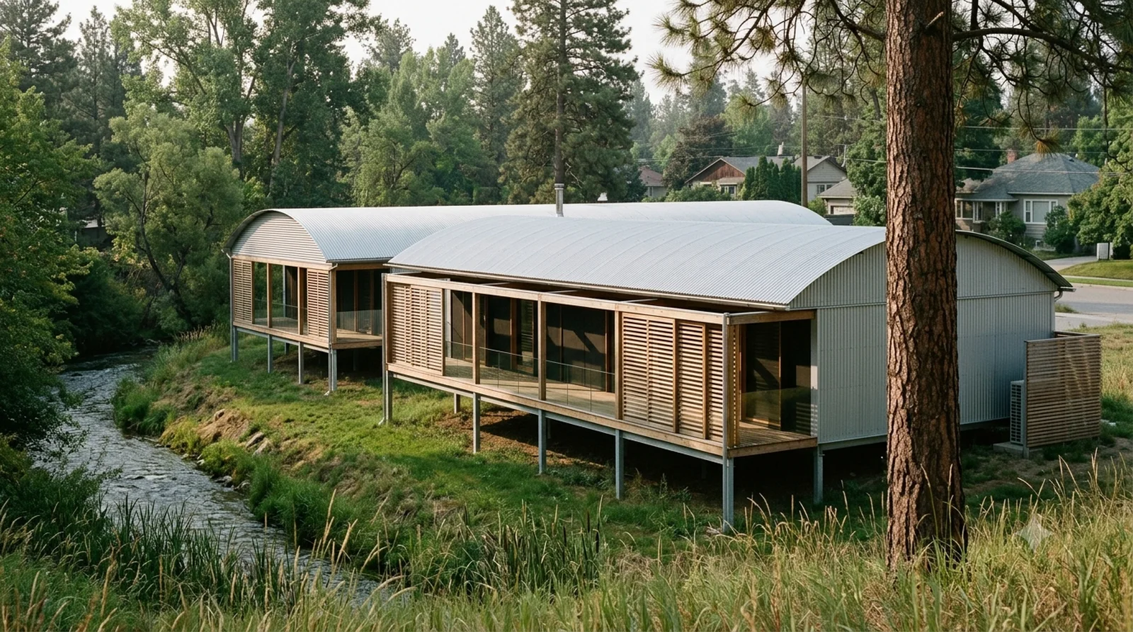 Marie Short House — Murcutt, 1975: two lifted corrugated sheds behind timber louvres, above Mission Creek.