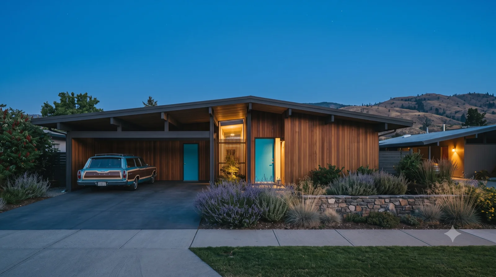 The street face — Low cedar gable and deep overhangs, a bold glowing door, the carport wagon, lavender and fieldstone.