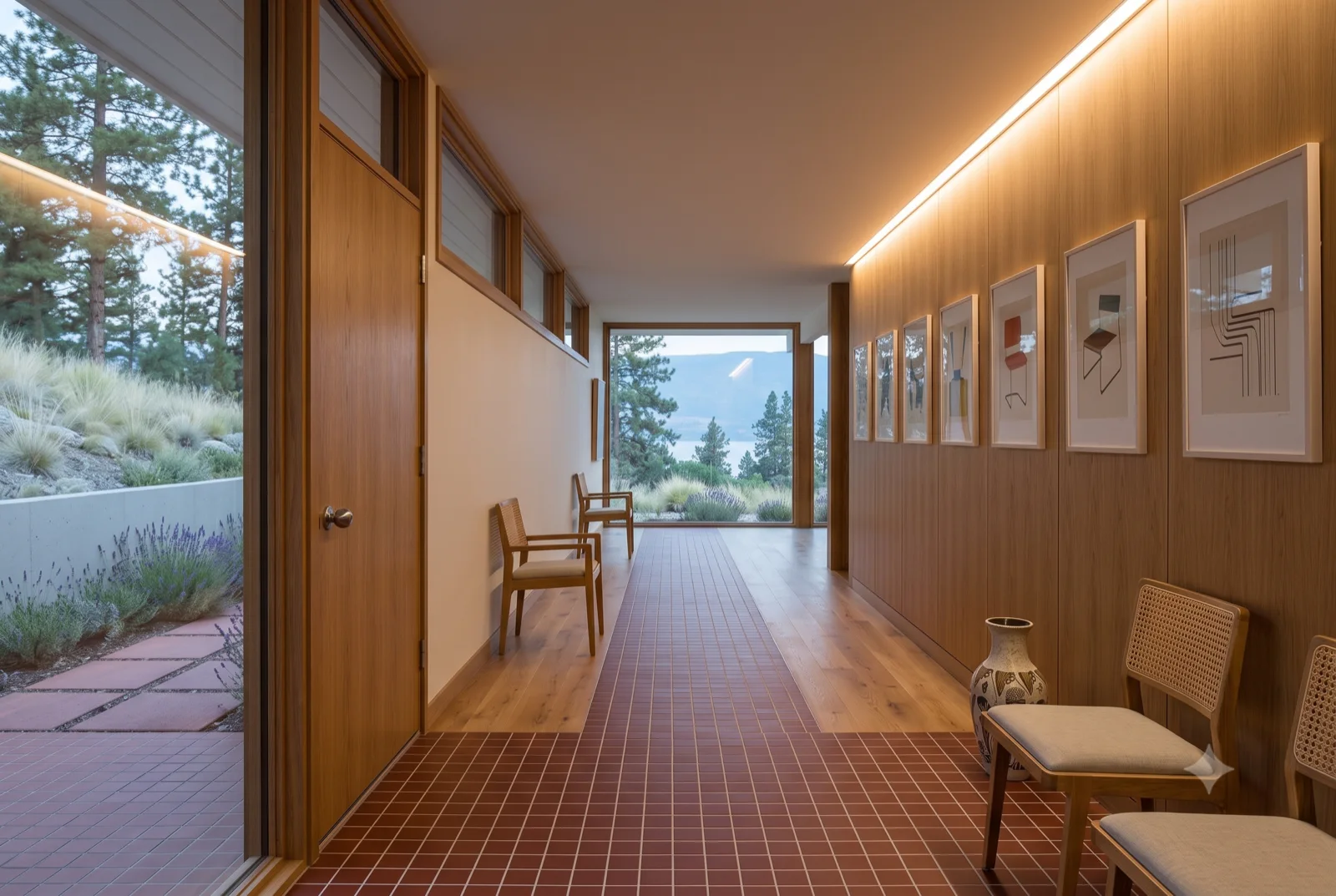 The gallery hall, A lit corridor hung with work, terracotta underfoot, the view waiting at the far end.