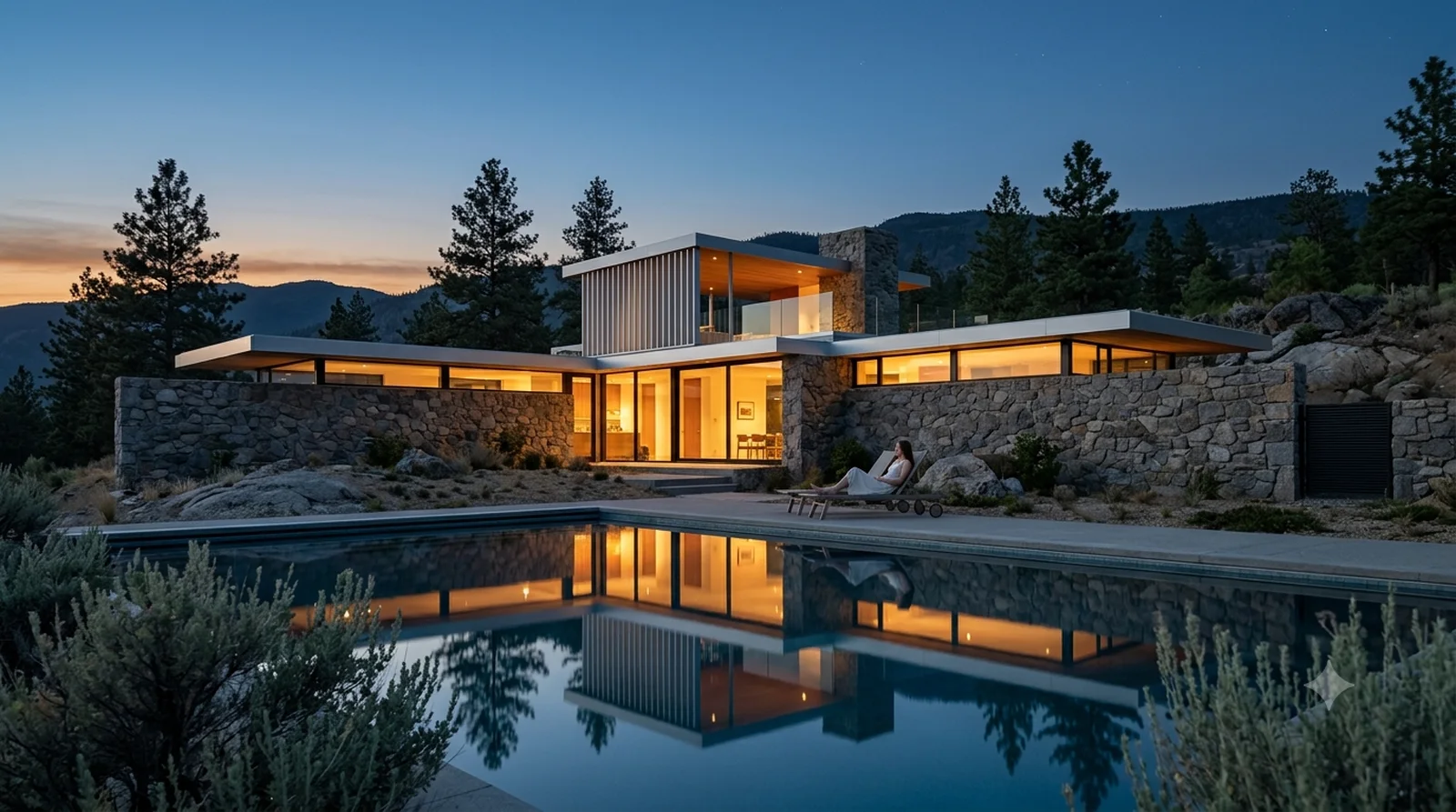 Kaufmann Desert House at Twilight — Neutra at dusk on a Wilden bench, the pool holding the house, first stars over the mountains.