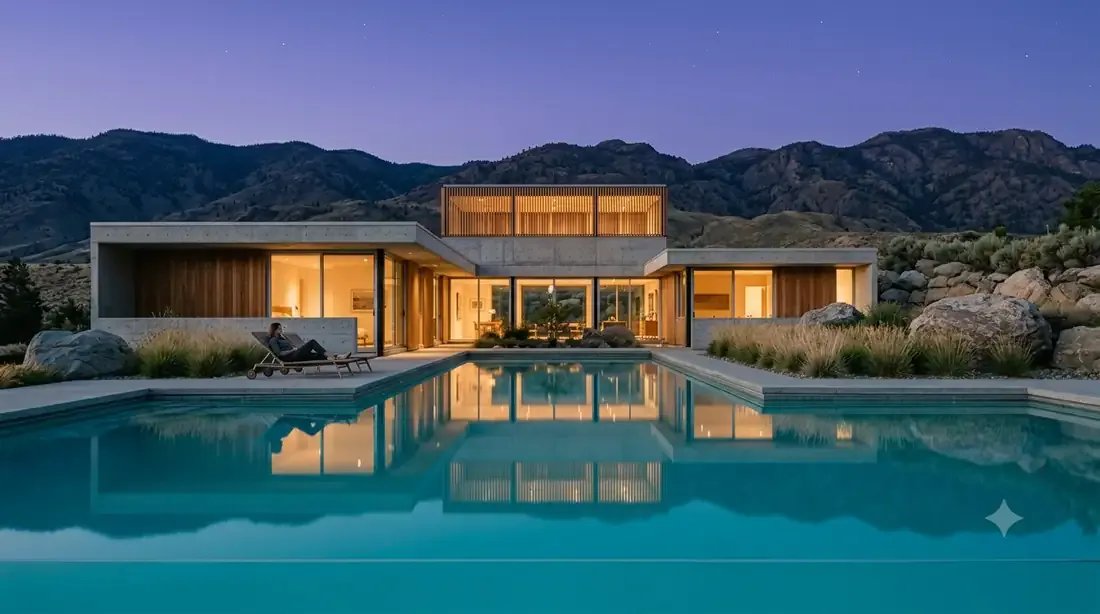 Kaufmann Desert House — the Shulman twilight pool shot — film grade, mirror-still water, first stars