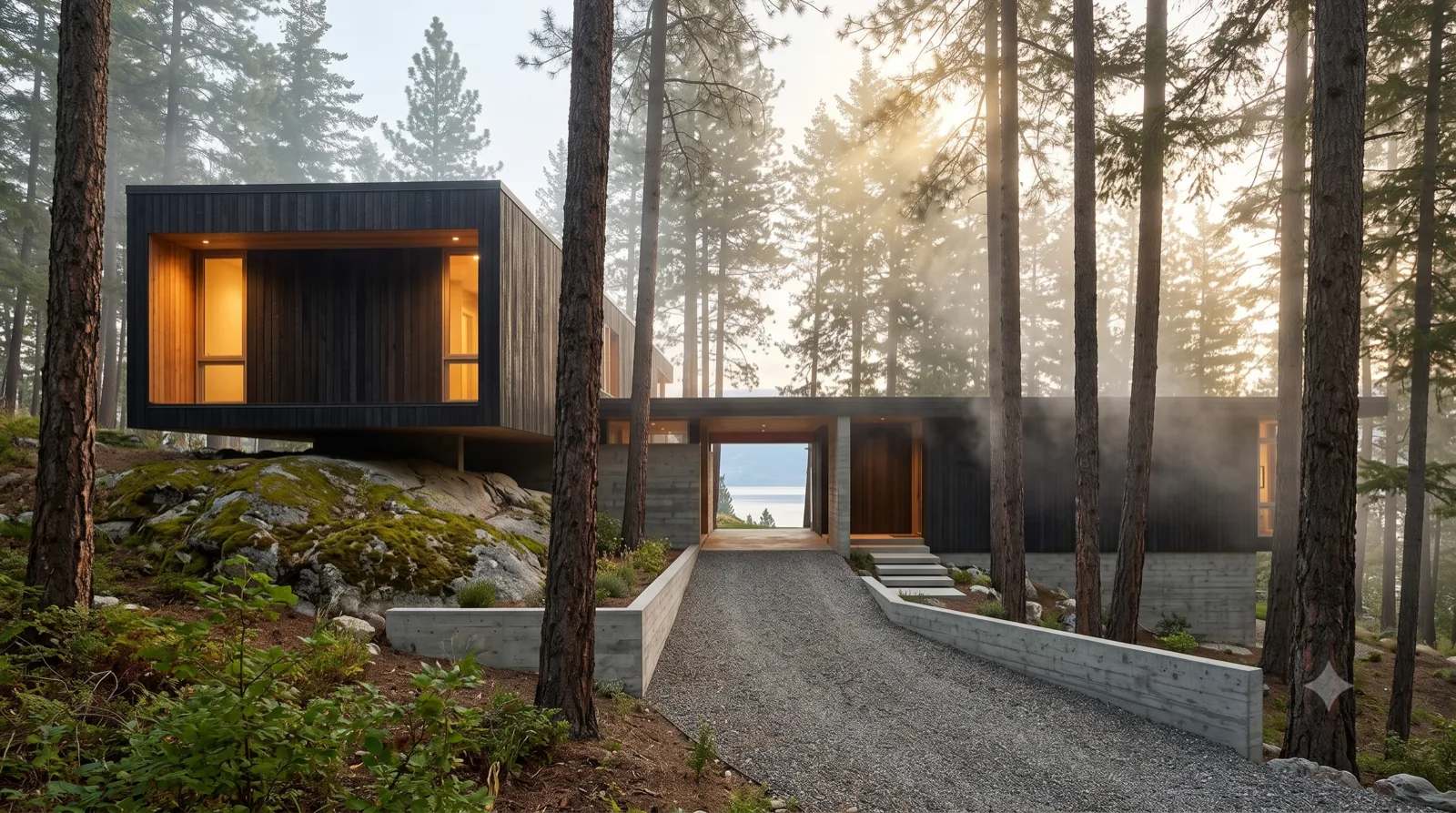 The Knox Mountain Perch — charred-cedar cantilever over granite, morning fog and god-rays, breezeway framing the lake